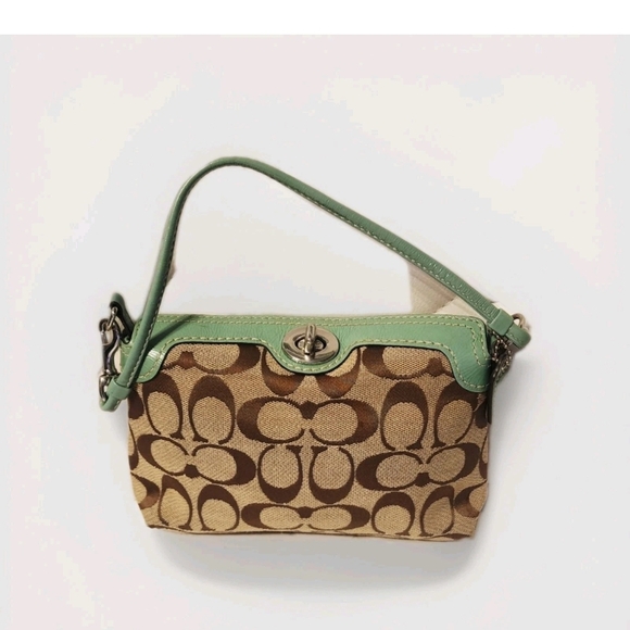 Coach Handbags - VINTAGE COACH Signature Turn-lock Jacquard C Brown and Turquoise Wristlet